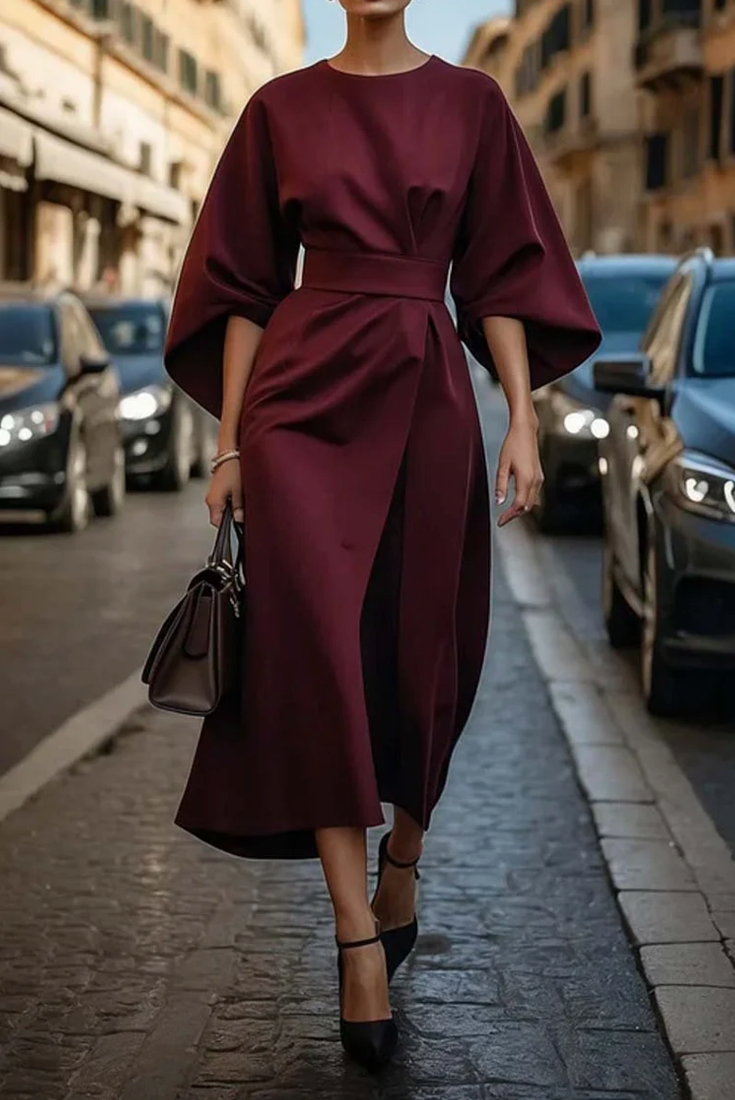 Amélie & Rose™ | Elegant Dress with Raglan Sleeves and Belt